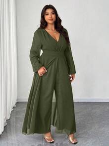 SHEIN Elenzya Plus Size Elegant V-Neck Ruffle Waist Pearl Chiffon Wide Leg Jumpsuit, Suitable For Wedding Guests, Elegant Burgundy Ladies Jumpsuit, Long Sleeve Cinched Waist Vintage Romantic Jumpsuit - Army Green - View 6