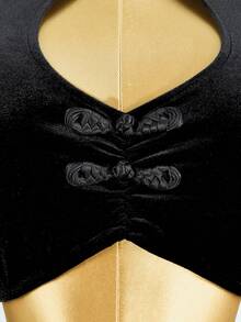 Mistrie Retro Cheongsam-Inspired High-End Velvet Design Sexy Low-Cut Hollow Long Sleeve Top, Suitable For Daily Wear, Western Wear, Music Festivals, Concerts, Carnivals, Outings, Beach Vacations, Layered, Holidays, Date Nights, Birthdays, Singles Parties, Cocktail Parties, Formal Events, Gyaru Style, Rest Days, Celebrations, Elegant