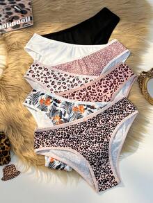 7pcs/Pack Comfortable Leopard Print, Floral Print, And Solid Color Fashion Bikini Briefs ClassicAnimalPrint