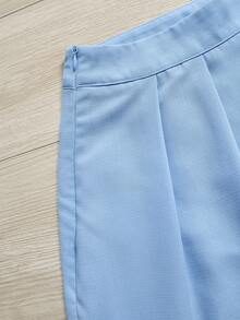 SHEIN LUNE 2 件套女士休闲纯色亚麻修身圆领背心和阔腿短裤套装，春夏 - 藍色 - 查看 5
