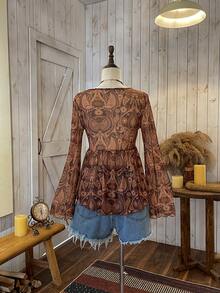 Wildy 度假风佩斯利印花系带荷叶边下摆女士夏季衬衫