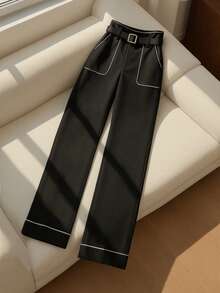 Franclia 女士撞色条纹极简休闲裤，夏季假日阳光之旅度假风，适合大学秋季穿着。 - 黑色 - 查看 1