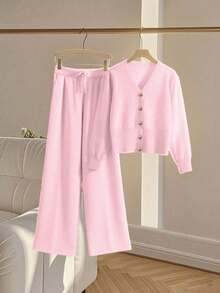 Franclia 2pcs/Set Women Casual Loose Knit Sweater & Pants Loungewear Set, Comfortable & Minimalist Design - Pink - View 7