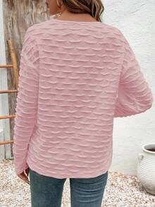 SHEIN LUNE 女士纯色V领纹理长袖休闲宽松T恤 - 粉色 - 查看 2