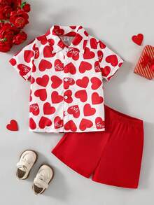 2pcs/Set Young BoyValentine's Day Heart Print Shirt And Shorts Set, Suitable For Valentine's Day Party And Other Occasions Boys Love Shirt Kids Red And White Outfit Red And White Shirt Kids Boys Heart Print Shirt Boys Red Shorts Set - Red - View 3