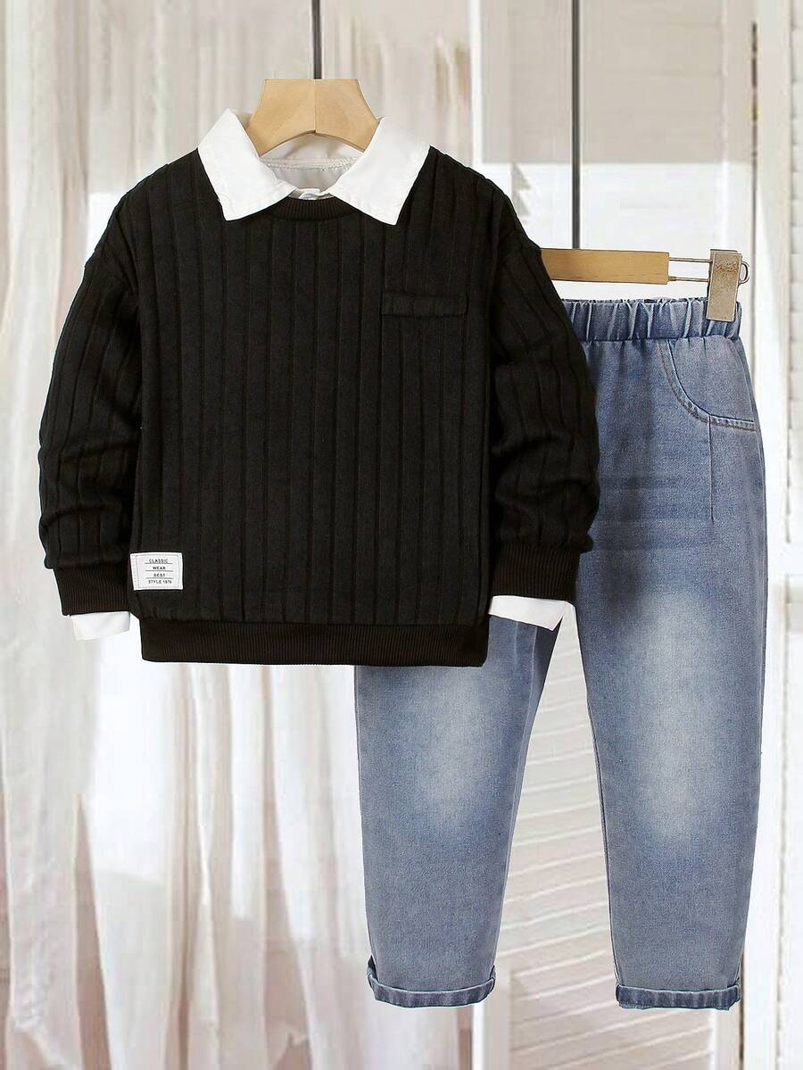 Genkimix Kids Autumn/Early Winter Navy Blue Knit Wide Ribbed 2-Piece Set, Top Is Navy Blue Knit Wide Ribbed Pullover Long Sleeve With Faux Pocket, Bottom Is Washed Denim Jeans With Distressed Details, Collegiate Style, Versatile For Various Occasions, Essential Basics