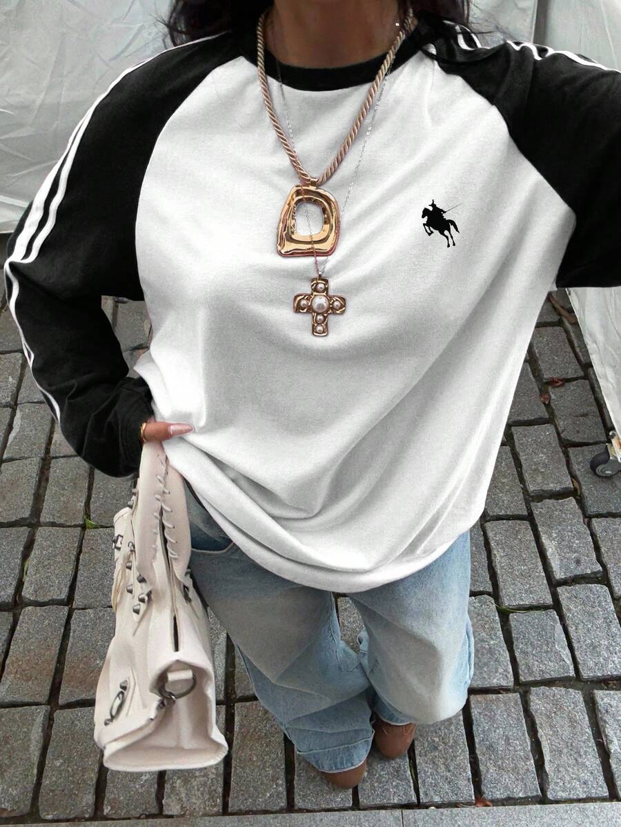 SHEIN EZwear Women's New Patchwork Loose Fit Long Sleeve Retro T-Shirt With Pony Pattern,Fall,Fall Clothes For Women,Women's Winter Clothes