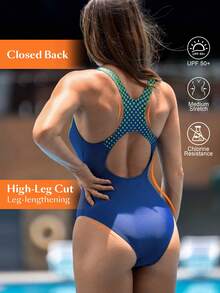 Swim Nautrix 新款夏季女士圆领无袖露背纯色拼接印花连体泳衣，休闲度假泳装套装，女士泳衣，快速发货，女士竞速泳衣，防晒，耐氯连体游泳训练服。蓝绿色波点全身泳衣，露背泳衣，女士泳装，蓝色泳衣，女士运动竞速泳衣，高性能泳装，连体泳衣。 - 彩色 - 查看 3