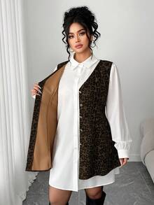 Elenzga Plus Size Women Suede Leopard Print Casual Shirt Dress 2 Pieces Set, Autumn/Winter Fall - Maroon - View 7