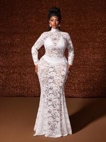 Maweii 大码女式花卉蕾丝鱼尾修身性感时尚连衣裙，长袖，立领 - 白色 - 查看 1