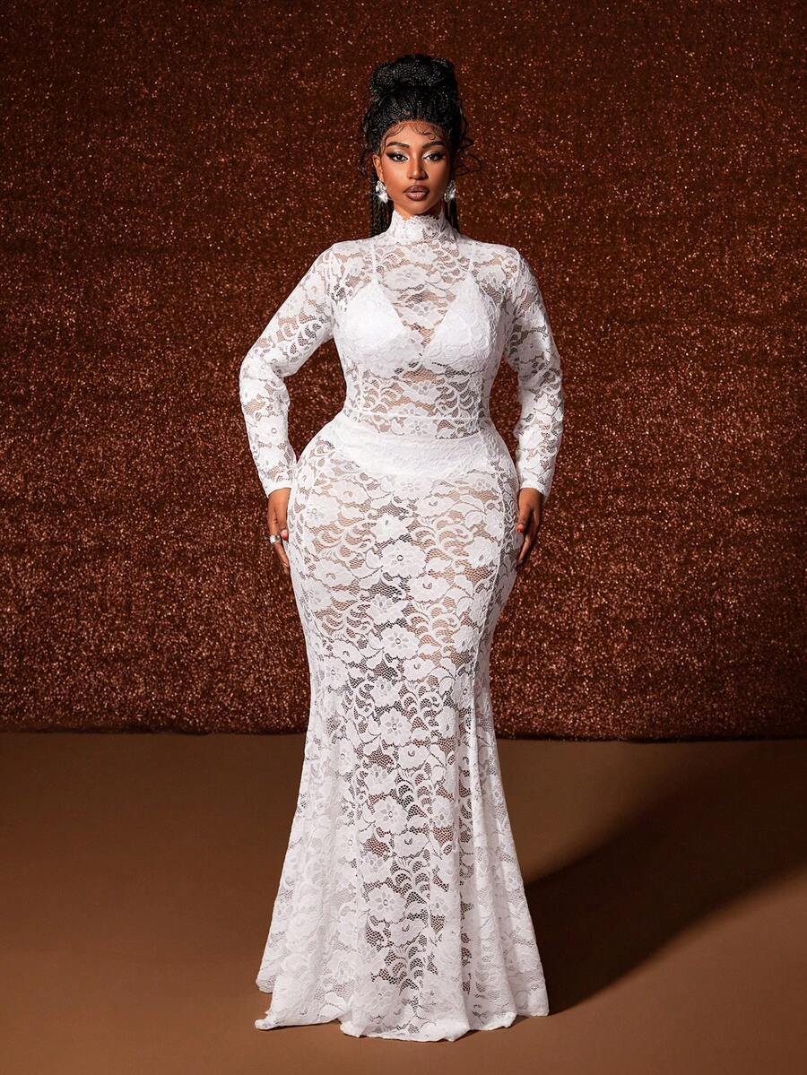 Maweii 大码女式花卉蕾丝鱼尾修身性感时尚连衣裙，长袖，立领 - 白色 - 查看 1