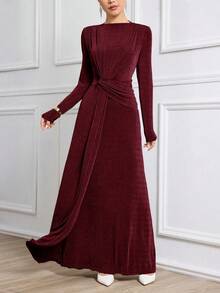 Modelyn 女式超长款朴素褶饰优雅针织酒红色连衣裙 - 酒紅色 - 查看 5