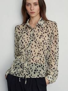 Aveloria Modichic Random Blue Polka Dot Print Shirt, Classic Collar Design, Drawstring Waist For Adjustable Fit, Suitable For Multiple Occasions - Yellow - View 3