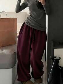 SHEIN 女士酒红色抽绳松紧腰带口袋宽松束口运动裤 - 酒紅色 - 查看 3