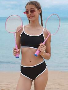 Teen Girl Summer Vacation Beach Contrast Trim Spaghetti Strap Bikini Set - Black and White - View 3