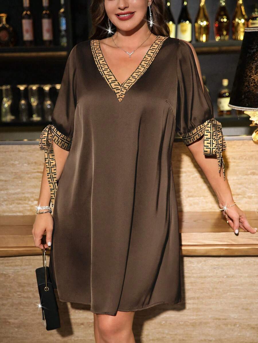 SHEIN Tall Women's V-Neck Tie-Up Shoulder Cutout Patchwork Dress, Spring/Summer - Coffee Brown - View 1