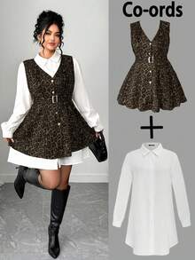 Elenzga Damen Große Größen Set aus Wildleder Leoparden Muster Lässig Hemdkleid, Herbst/Winter - Armeegrün - Übersicht 1