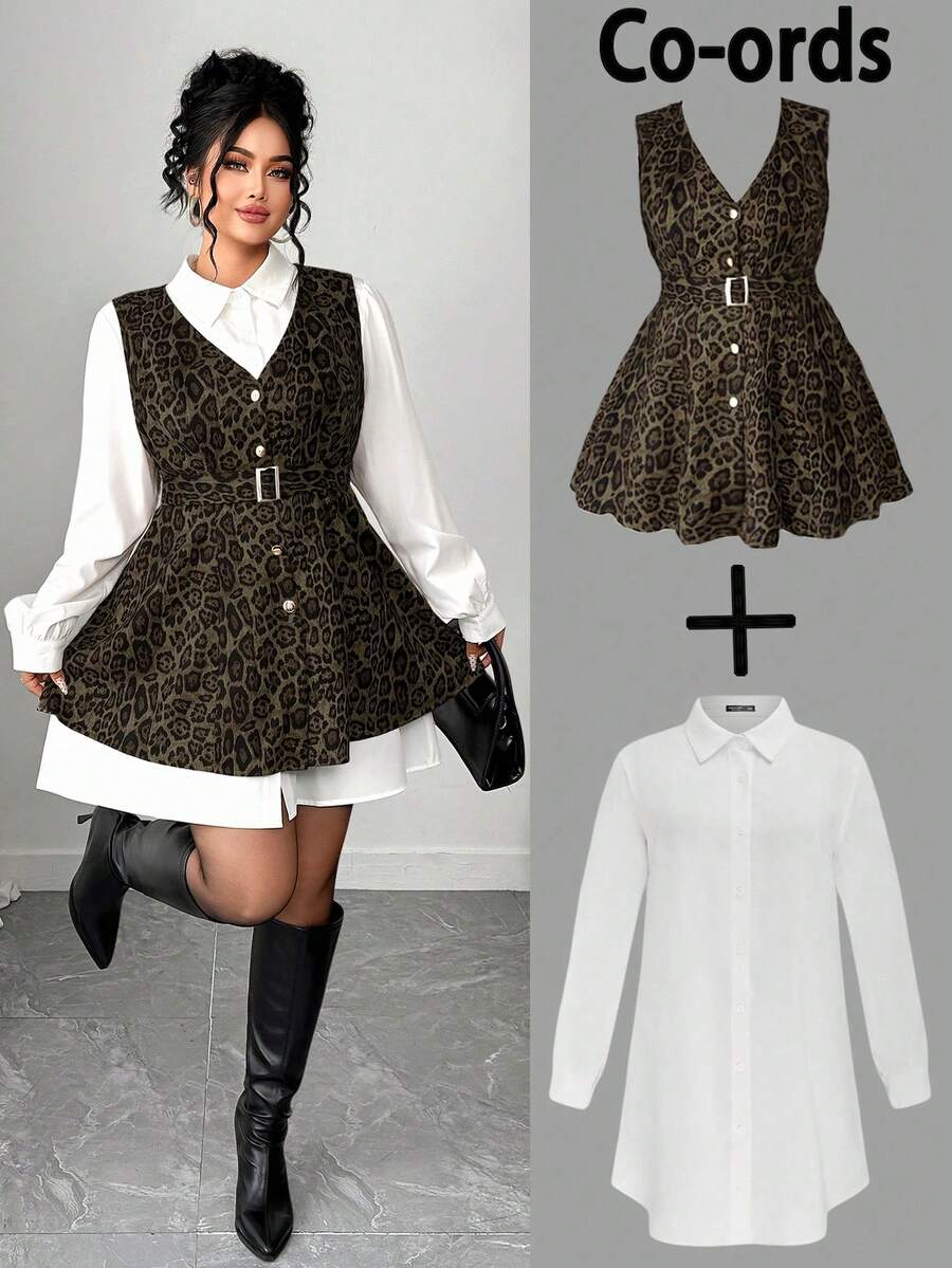 Elenzga Damen Große Größen Set aus Wildleder Leoparden Muster Lässig Hemdkleid, Herbst/Winter - Armeegrün - Übersicht 1