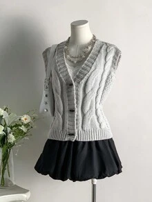 SHEIN Unity 女式V领休闲针织牛角扣背心，秋冬 - 灰色 - 查看 3
