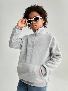 SHEIN Tween Boy 百搭休闲拉链半开套头运动衫