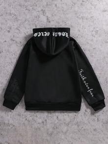 SHEIN Coolqubz 青少年男孩连帽 Y2K 街头风拉链运动衫，万圣节字母印花 - 黑色 - 查看 2