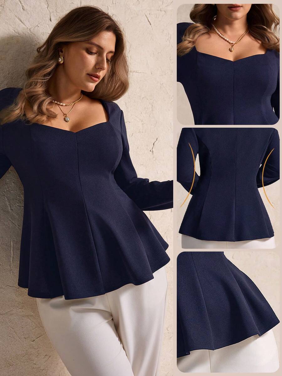 Elegantrix Plus Size Women's Sweetheart Collar Square Neck Ruffle Hem Casual Blouse - Navy Blue - View 1