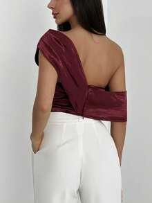 Aloruh Blusa asimétrica con hombros fruncidos de unicolor estilo Y2K en color borgoña, elegante blusa para mujer, blusa chic para mujer en otoño, ideal para mujeres en otoño, otoño, fiestas, citas, Año Nuevo románico. - Marrón Mocha - Ver 2