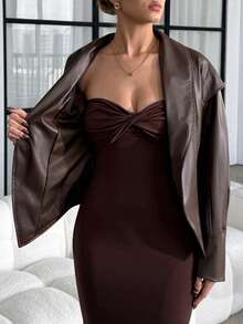 Lavishia Women's Solid Color PU Leather Long Sleeve Single-Breasted Belt Design Fashion Regular Jacket - Brown - View 8