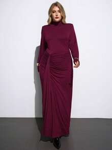 Maija 2025款加大码优雅栗红色高弹面料肩垫腰部A字连衣裙，适合5-15℃气温，适合派对、休闲、通勤、日常穿着，秋季必备 - 酒紅色 - 查看 6