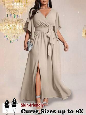 SHEIN CURVE+ Plusstorlek damklänning i enfärgad, åtsittande, v-ringad, utsvängd ärm, knyt i midjan, rynkad slits, elegant festklänning