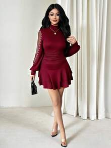 Vavine Romantic Valentine's Day Burgundy Print Elegant Party And Daytime Wear. Ruched High-Neck Mesh Color-Block Long-Sleeve Top, Beaded Mini Dress, Pearl-Decorated Tiered "Cake" Dress, Double-Hem Long-Sleeve Dress, Black Ruched Fitted Dress, Ruffled Long-Sleeve Mini Dress. Chic For Everyday, Dates, Christmas, Fall/Winter Wear, Casual Parties, And New Year's Events. - Burgundy - View 3