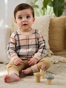 Áo len dệt kim kẻ caro màu kaki kiểu retro dễ thương và thoải mái cho bé trai, thích hợp mặc hàng ngày, đi du lịch, nghỉ mát, ở nhà, chơi đùa, mùa thu đông, Giáng sinh, tựu trường, áo len dài tay mùa xuân, thu đông, lễ hội cho bé trai, áo len trẻ em, áo len mùa thu, quần áo trẻ em kẻ caro. - Màu Khaki - Xem 4