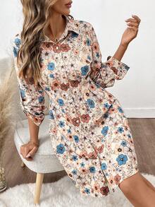 SHEIN Clasi 女士印花荷叶袖单排扣休闲衬衫裙 - 彩色 - 查看 7