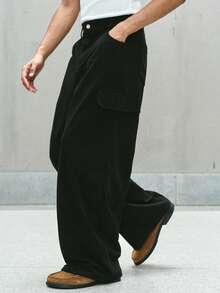 Manfinity Streetrush 男士街头风流行 INS 搭配。男士街头服饰，PAVTROS 男士黑色灯芯绒工装裤，宽松休闲直筒裤，宽松，黑色裤子，灯芯绒，街头风，男友礼物，男士超大号裤子，黑色阔腿裤，男士宽松服装，黑色宽松裤子，男士宽松工装裤 - 黑色 - 查看 2