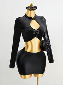 Mistrie Retro Cheongsam-Inspired High-End Velvet Design Sexy Low-Cut Hollow Long Sleeve Top, Suitable For Daily Wear, Western Wear, Music Festivals, Concerts, Carnivals, Outings, Beach Vacations, Layered, Holidays, Date Nights, Birthdays, Singles Parties, Cocktail Parties, Formal Events, Gyaru Style, Rest Days, Celebrations, Elegant