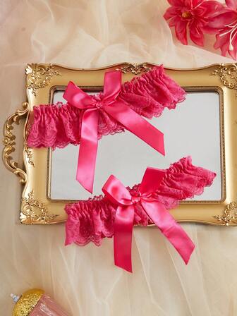 Eraneu 1 Pair Women's Fashionable Sexy Lace Leg Garter With Bow Decor