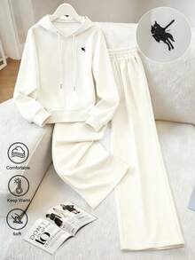 SHEIN Franclia 女式白色休闲图案两件套连帽衫套装 - 白色 - 查看 1