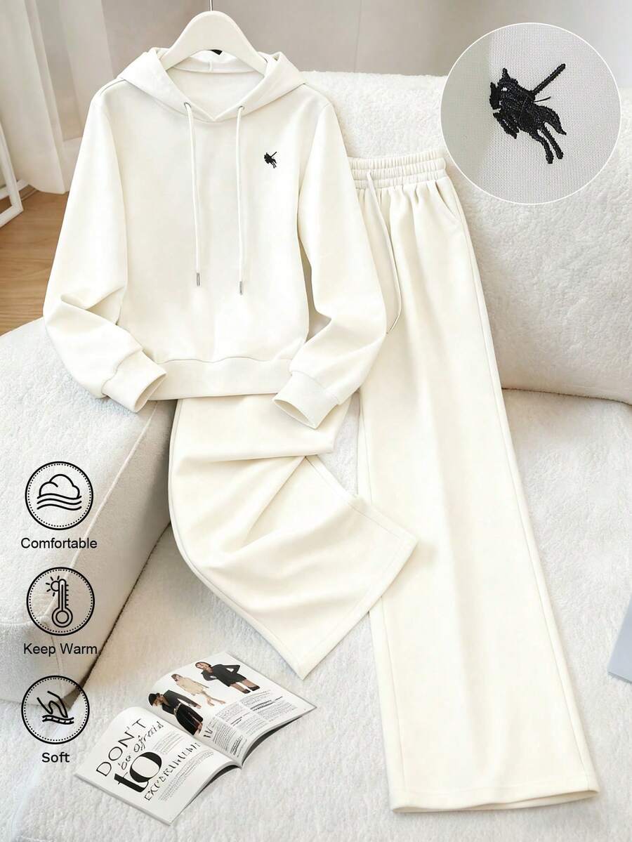 SHEIN Franclia 女式白色休闲图案两件套连帽衫套装 - 白色 - 查看 1