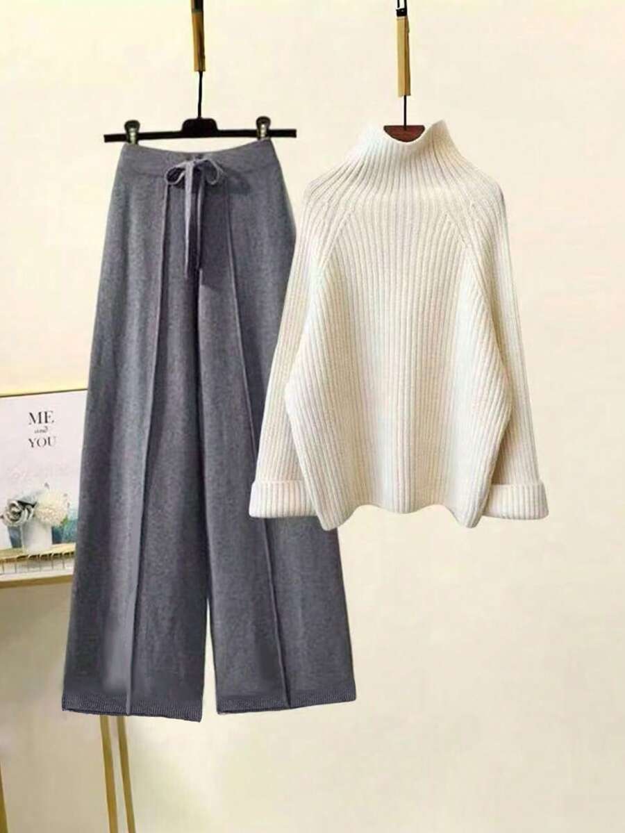 SHEIN Unity 2 件套女式杏色罗纹针织毛衣套装,长袖浅奶油色套头衫和裤子休闲简约装 - 彩色 - 查看 1