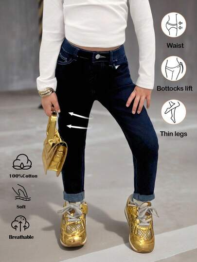 SHEIN 女童深蓝色牛仔保暖内衬弹力紧身裤