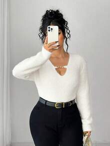 Elenzga Women's Autumn/Winter New Hollow Metal Chain Knitted Pullover Sweater Top, Fashionable Design, Soft & Comfortable Faux Mink Fur - Beige - View 7