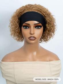 Peluca corta de pixie con diadema, peluca media de cabello humano rizado, peluca de corte pixie de onda de agua rubia miel, fácil de usar para principiantes - S27 - Ver 2