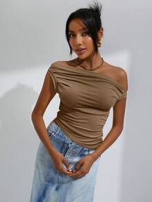 EMERY ROSE Solid Ruched Side Asymmetrical Neck Crop Top  - Mocha Brown - View 5