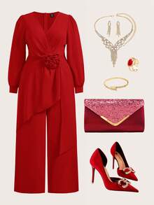 Ellevyn Bộ 2 món vải voan dài tay cỡ lớn, Thu/Đông - Đỏ - Xem 7