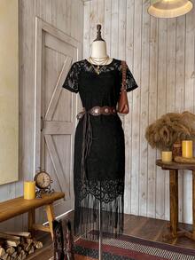Wildy Lace Long Fringe Black Dress Western Women Attire/Country Dress,Summer Dresses For Women,Tea Party Dress