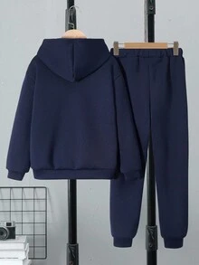 SHEIN Vacaura 2pcs/Set Boys Casual Hooded Sweatshirt And Sweatpants Knit Set, Autumn/Winter Fall - Navy Blue - View 2