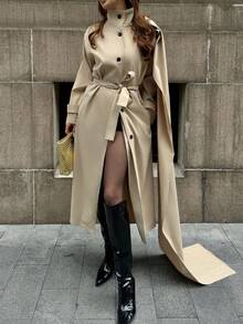 Pariaura 女士休闲单排扣立领长款防风外套，秋季 - 卡其色 - 查看 5