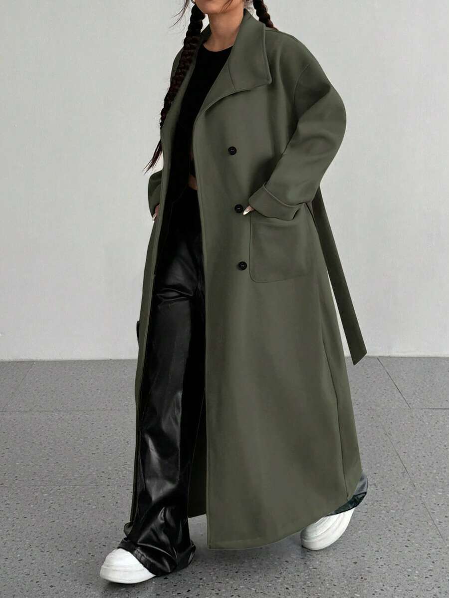 SHEIN Unity Women's Solid Color Drop Shoulder Long Sleeve Single Breasted Pocket Casual Loose Regular Jacket - Green - View 1