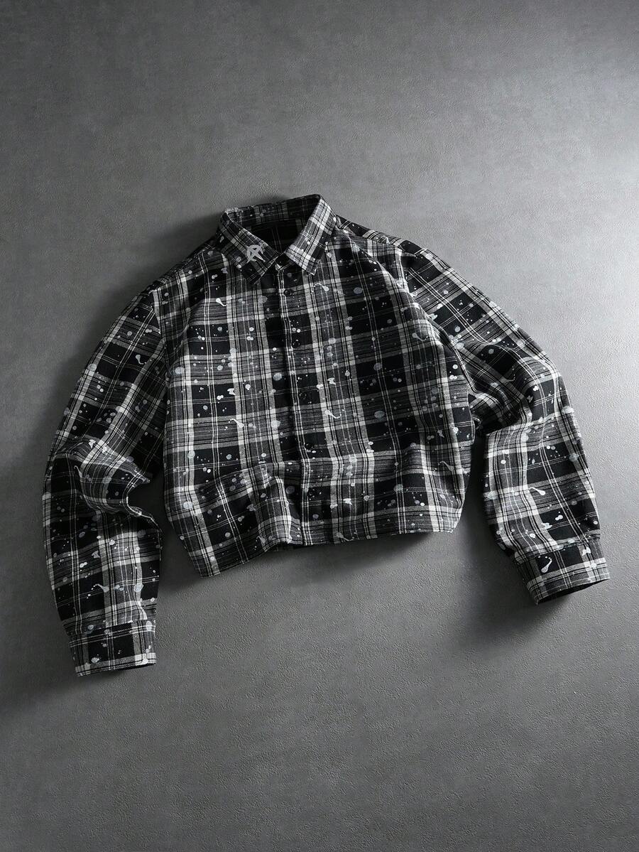 PAVTROS 男士休闲格子长袖衬衫，日常穿着，街头风，宽松版型，适合男士、情侣、印花、我爱我的男朋友、朋友、情侣装、男友 - 黑與白 - 查看 1