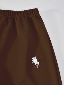 SHEIN Sparklyn 3 件套青少年女孩休闲装，包括带马图案的连帽拉链运动衫、白色背心和松紧腰直筒裤，秋季